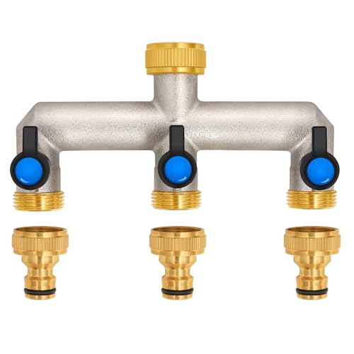 3-Wege Wasserhahn Wasserverteiler aus Messing für 3 Geräte/Gartenschläuche, 3er Verteiler 3/4" Adapter 1/2" mit Kugelhahn zum Einstellen und Absperren des Wasserflusses von OPERMAXER