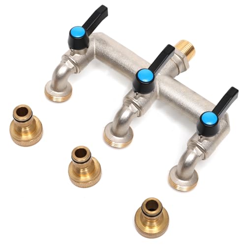 OPERMAXER 1/2 Zoll 3-Wege Auslaufhahn,Verlängerter Griff(Metall), Messing Wasserverteiler mit 3/4 Zoll BSP Gartenschlauch Wasserhahn-Anschluss, 3-Wege Wasserhahn für Waschmaschine, Regentonne von OPERMAXER