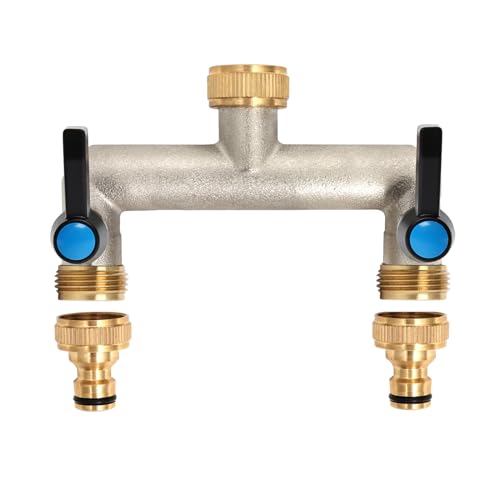 OPERMAXER 2-Wege Wasserhahn Wasserverteiler, Verlängerter Griff, 3/4 Zoll Messing Wasseranschluss Verteiler mit individuellem Absperrhähnen，2er Verteiler 3/4" Adapter 1/2" für Geräte/Gartenschläuche von OPERMAXER