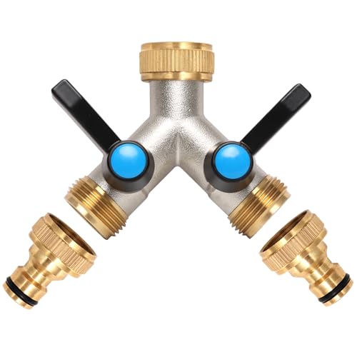 OPERMAXER 2 Wege Y Verteiler, Wasserhahn Wasserverteiler mit Verlängerter Griff, 3/4 Zoll Messing Splitter mit individuellem Absperrhähnen，2er Verteiler 3/4" Adapter 1/2" für Geräte/Gartenschläuche von OPERMAXER