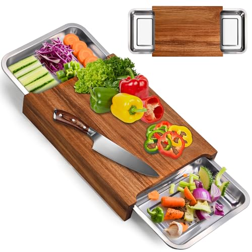 OPERMAXER Akazienholz Schneidebrett mit 2 Auffangschalen aus 304 Edelstahl (ofengeeignet)- Tranchierbrett Küchen Servierschalen | Küchenbrett aus Akazie | Schneidebrett Holz - 40x29.5x6.5 cm von OPERMAXER