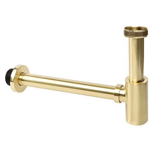 OPERMAXER Design Siphon [Extra Lang 200mm Tauchrohr], 1 1/4 x 32mm Einstellbares Verdickung der Rohre，Universal Messing Flaschensiphon für Waschbecken & Waschtisch, Geruchssperre（Gebürstetes Gold） von OPERMAXER