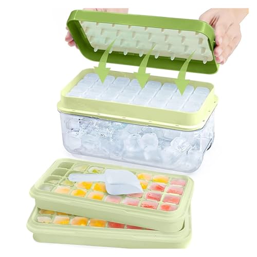 Eiswürfelform Eiswürfelschale mit stapelbaren 2 Tabletts, Silikonformen Vorratsbehälter for Gefrierschrank, 64 Nuggets(Green) von OPIGJUFD