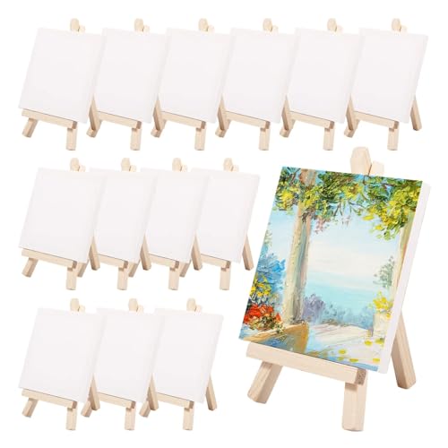 Malen Halter 14-teiliges Mini-Leinwand- und Staffelei-Set aus Holz, faltbar, Leinwand-Staffelei-Ständer-Set, winzige Display-Halter-Staffeleien for Malerei, Kunst und Handwerk von OPIGJUFD