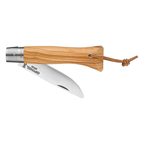 OPINEL - Neo6 Opiflex Olivier - traditionelles Taschenmesser - Klinge 7 cm aus Edelstahl, Griff aus lackiertem Olivenholz mit mediterraner Körnung, OPIFLEX ohne Verriegelung, Lederriemen von OPINEL