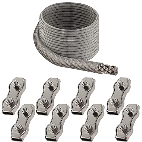 OPIOL QUALITY® 10m Drahtseil Transparent ummantelt 4mm, 8x Duplex Drahtseilklemme M5 Edelstahl A4 V4A Sonnensegel Set Hanging Kit Klemme Stahlseil Seilklemme Rankhilfe von OPIOL QUALITY