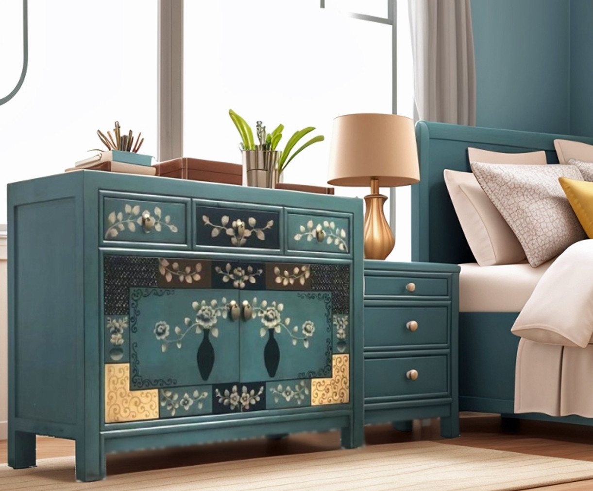 OPIUM OUTLET Kommode Asia Schrank Sideboard orientalisch chinesisch (Hochzeitsschrank fernöstlich, komplett montiert, blau, asiatisch, Vintage-Stil), Kommode Anrichte Büffet von OPIUM OUTLET