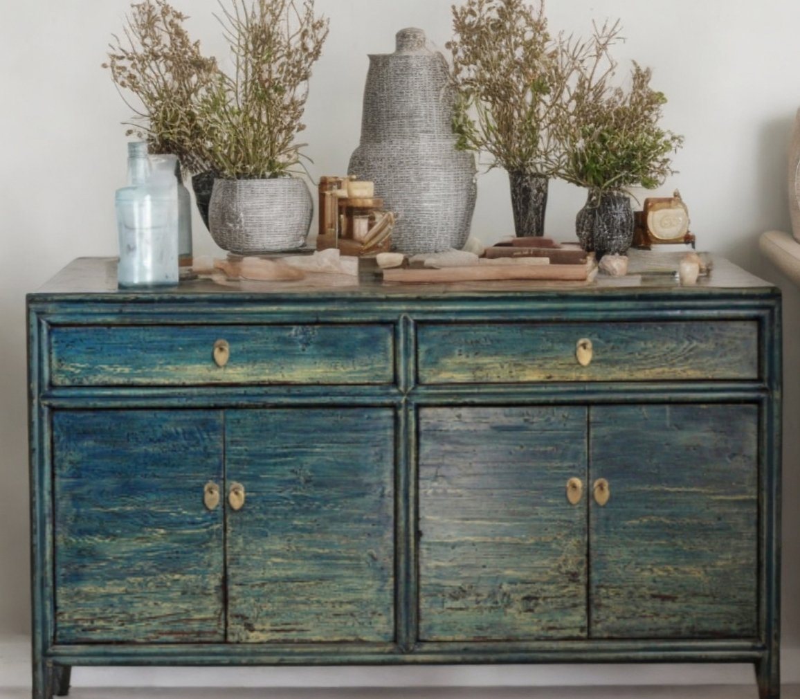 OPIUM OUTLET Kommode Sideboard Kommode Schrank Hochzeitsschrank, Vintage Shabby Landhaus Antik-Stil, asiatisch orientalisch chinesisch fernöstlich, komplett montiert, blau, Wohnzimmer Schlafzimmer Esszimmer, Anrichte Büffet von OPIUM OUTLET