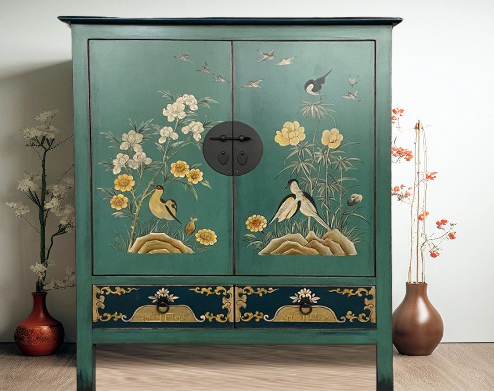 OPIUM OUTLET Kommode Sideboard Schrank Möbel Vintage-Stil handbemalt (grün-blau), chinesisch, asiatisch, orientalisch, komplett montiert, Anrichte, Buffet von OPIUM OUTLET