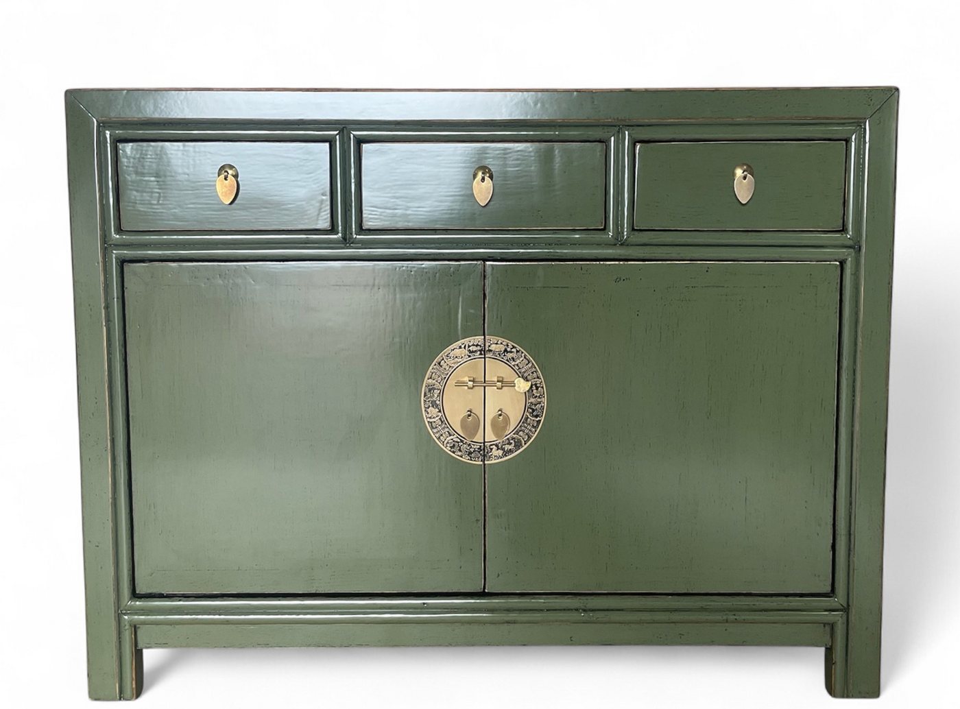 OPIUM OUTLET Kommode Vintage Schrank Sideboard asiatisch chinesisch orientalisch (B x T x H: 117 x 40 x 85 cm, Anrichte Buffet oliv-grün), Asia Möbel Hochzeitsschrank komplett montiert von OPIUM OUTLET