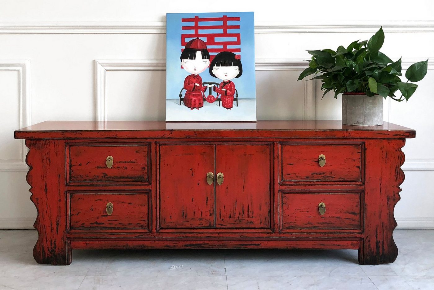 OPIUM OUTLET Lowboard Kommode Sideboard Schrank Möbel, rot, chinesisch asiatisch orientalisch, Vintage Landhaus-Stil, Breite 177 cm Höhe 60 cm, komplett montiert von OPIUM OUTLET