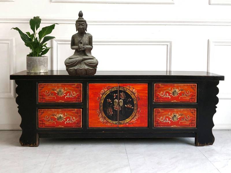 OPIUM OUTLET Lowboard Asiatisches Lowboard Möbel im Vintage-Stil, TV Schrank Sideboard Kommode, chinesisch asiatisch orientalisch fernöstlich, shabby-chic Landhaus-Stil, Breite x Tiefe x Höhe: 177 cm x 45 cm x 60 cm, komplett montiert, Hochzeitsschrank aus Holz, Wohnzimmer Schlafzimmer Diele Flur von OPIUM OUTLET