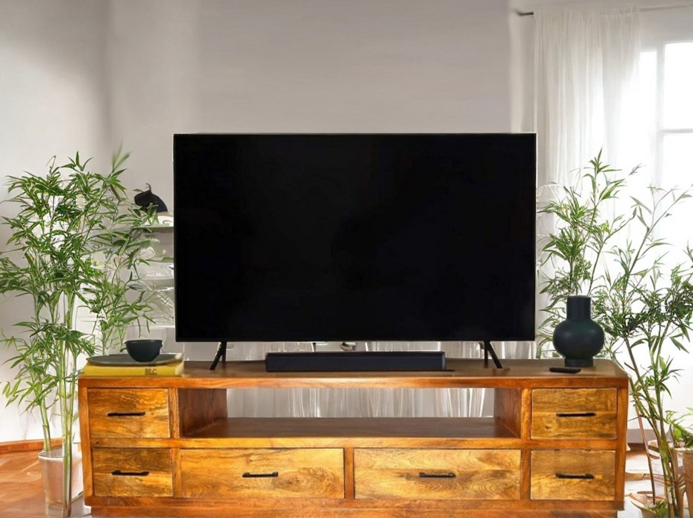 OPIUM OUTLET Lowboard Sideboard TV-Kommode Regal Möbel Massivholz braun (Schubladen beidseitig zu öffnen, B x H x T: 200 x 45 x 50 cm), TV-Schrank, Raumteiler, komplett montiert von OPIUM OUTLET