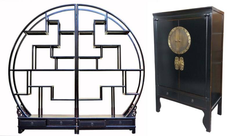 OPIUM OUTLET Schrank-Set Möbelset Asia Hochzeitsschrank Rundregal Eckregal chinesisch, (Schrank Kommode mit passendem Regal, 2-St), offener runder Schrank Vitrine mit chinesischem Schrank, Vintage-Stil von OPIUM OUTLET