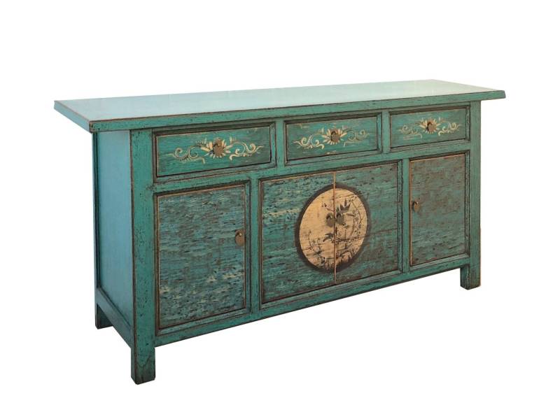 OPIUM OUTLET Sideboard Kommode Schrank Asia Möbel Vintage Stil (Hochzeitsschrank komplett montiert aus Holz smaragd-grün Schlafzimmer Diele Flur, Anrichte Büffet Vintage-Stil Wohnzimmer Esszimmer), chinesisch asiatisch fernöstlich orientalisch von OPIUM OUTLET