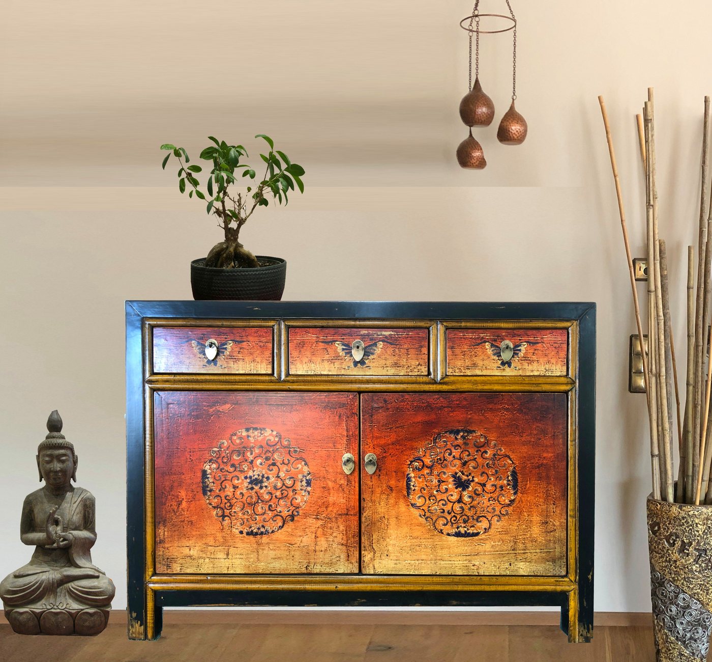 OPIUM OUTLET Sideboard Kommode Schrank Hochzeitsschrank (komplett montiert, Breite x Tiefe x Höhe 117 x 40 x 85 cm, asiatisch chinesisch orientalisch fernöstlich), Vintage-Stil Landhaus shabby-chic, Hochzeitsschrank Holz von OPIUM OUTLET