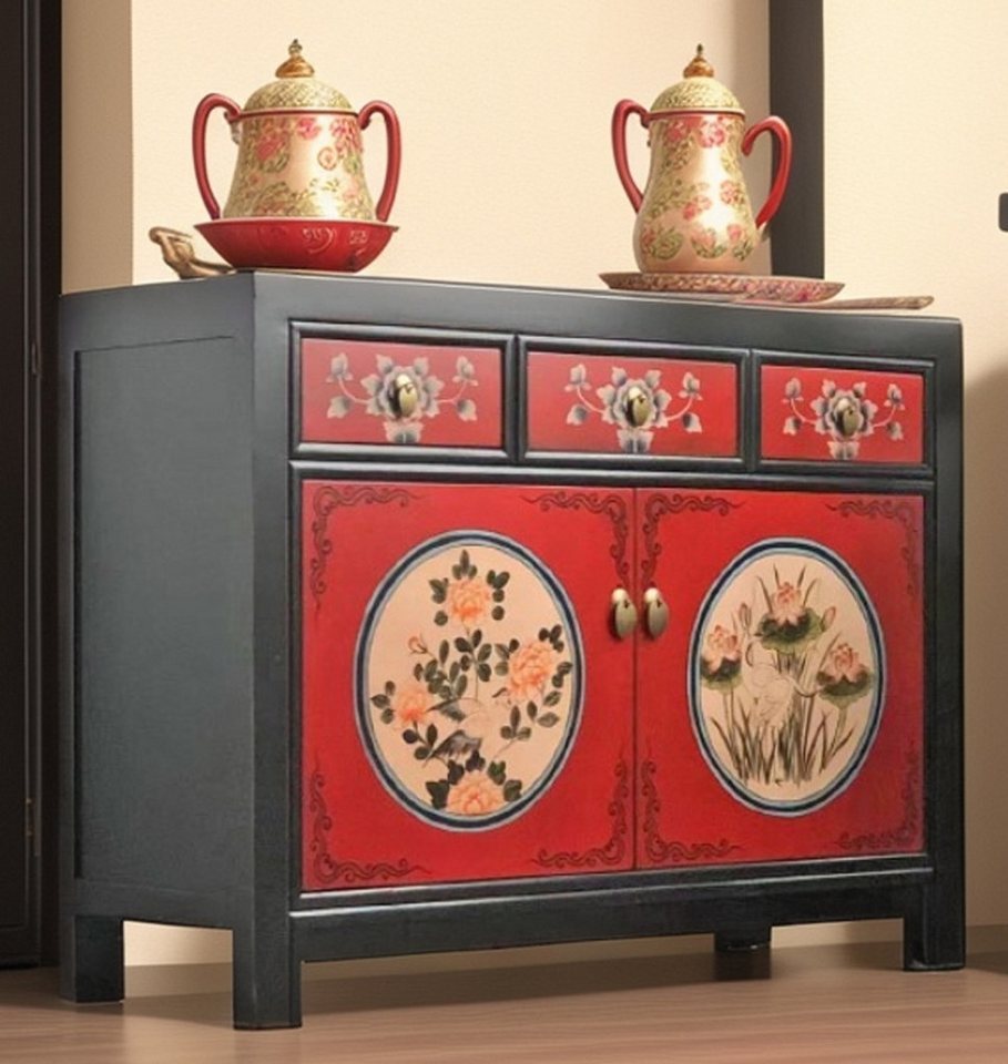 OPIUM OUTLET Sideboard Kommode asiatisch chinesisch orientalisch (Hochzeitsschrank Anrichte Buffet komplett montiert, Schrank rot-schwarz handbemalt), Breite 117 cm, Tiefe 40 cm, Höhe 85 cm, Vintage-Stil Antik-Optik von OPIUM OUTLET