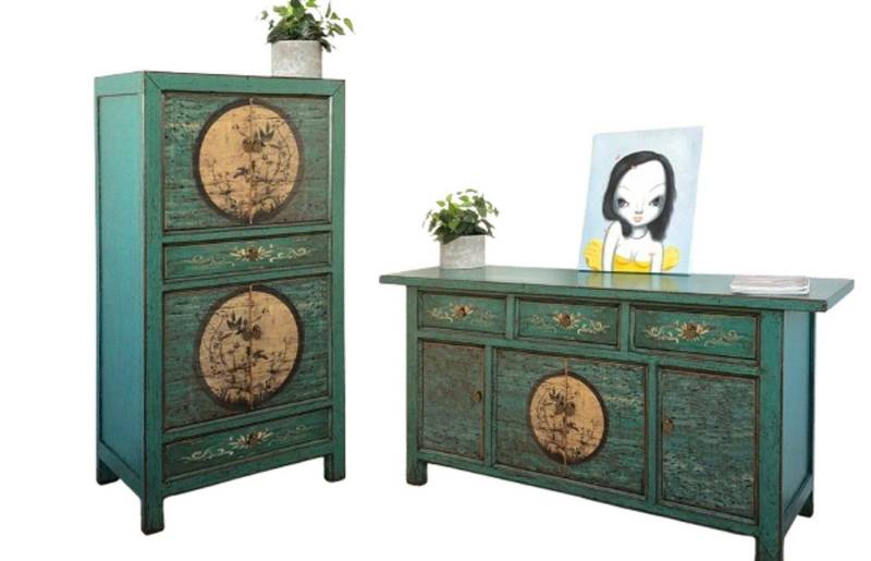 OPIUM OUTLET Wohnzimmer-Set Möbel-Kombination Hochzeitsschrank und Kommode "Aurora" aus Holz, (2-er Set smaragd-grün Landhaus Antik Shabby-Chic-Stil, Asia Möbel komplett montiert, Wohnzimmer-Set bestehend aus Sideboard und Schrank im Vintage-Stil), Schrank Kommode Sideboard asiatisch chinesisch orientalisch OPIUM OUTLET Wohnzimmer-Set Möbel-Kombination Hochzeitsschrank und Kommode "Aurora" aus Holz, (2-er Set smaragd-grün Landhaus Antik Shabby-Chic-Stil, Asia Möbel komplett montiert, Wohnzimmer-Set bestehend aus Sideboard und Schrank im Vintage-Stil), Schrank Kommode Sideboard asiatisch chinesisch orientalisch von OPIUM OUTLET
