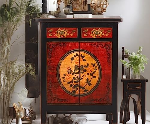 OPIUM OUTLET chinesische Kommode Sideboard Schrank Anrichte asiatisch orientalisch Vintage Shabby Chic Stil Kolonialstil Bunte Motive (RedMagic) von OPIUM OUTLET