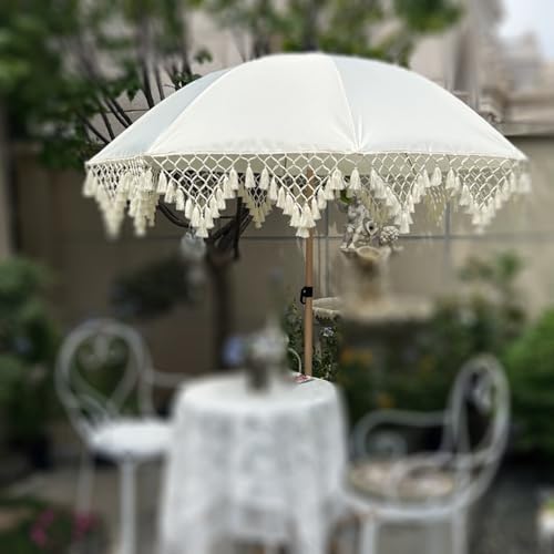 OPOLDBDMAC Boho Sonnenschirm Mit Fransen 200cm Strandschirm Uv Schutz Weiß Balkonschirm Wasserdicht Tischschirm Marktschirm Mit Tasche Für Garten Terrasse Pool von OPOLDBDMAC