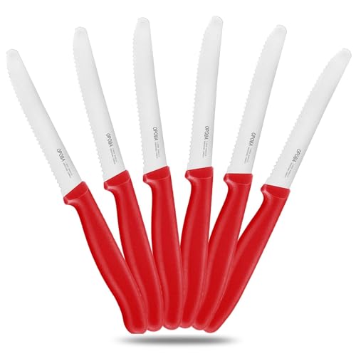 OPOLIA 6 Stück Rot Frühstücksmesser,kann als Tafelmesser?Brötchenmesser?Tomatenmesser, Hochwertiger Rostfreier Stahl Messerset,Messer Wellenschlif,Spülmaschinenfest von OPOLIA