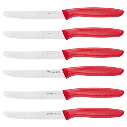 OPOLIA Rot FrüHstüCksmesser 6 Stück,Hochwertiges Edelstahl Tafelmesser Gezackte Klinge,Brötchenmesser,Tomatenmesser,Restaurant&Haushalts Scharfe Messer Set,Rostfrei&SpüLmaschinenfest von OPOLIA