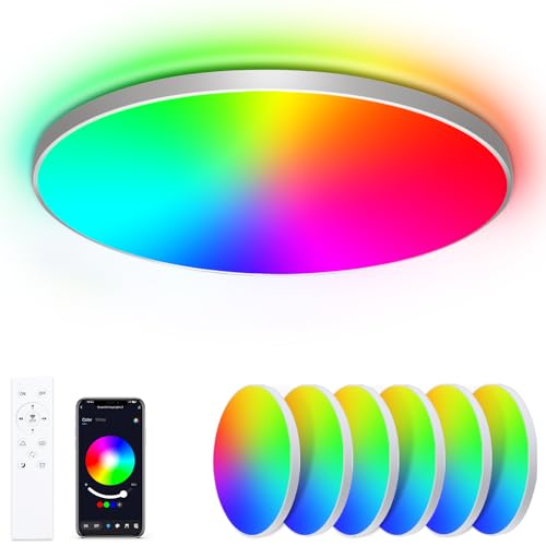 Led Deckenlampe Dimmbar mit Fernbedienung, [6 Stücke] 24W 16 Millionen RGB Farbwechsel Smart led Deckenleuchte Steuerbar via App, 2400LM Deckenbeleuchtung Ø30CM Lampe für Wohnzimmer Schlafzimmer, Weiß von OPPEARL