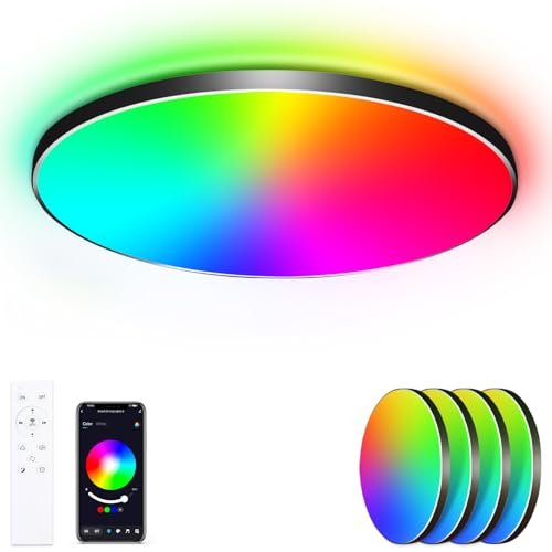 OPPEAR [4 Stücke] LED Deckenleuchte Dimmbar Flach Rund Schwarz 24W Deckenlampe mit Fernbedienung, RGB Steuerbar via App, 2700K-6500K Smart LED Deckenlampe für Schlafzimmer Kinderzimmer Ø30CM von OPPEARL