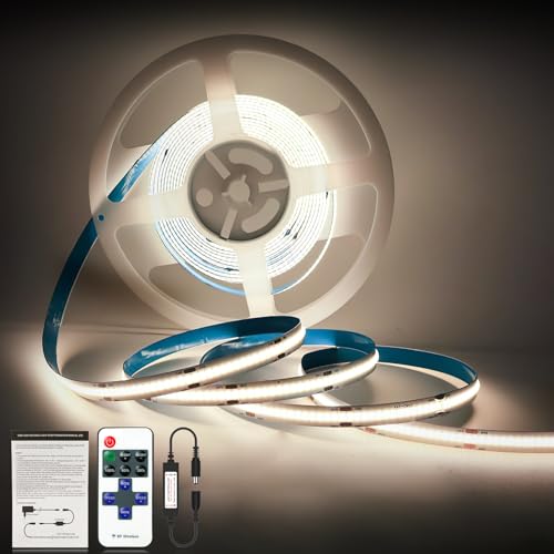 OPPEARL COB LED Streifen 5M 4000K, 24V LED Stripe Dimmbar, Lichtleiste Led Selbstklebend mit RF Fernbedienung, CRI90+, 480LEDs/M, Lichtband für Unterbau TV Küche Wohnzimmer DIY von OPPEARL