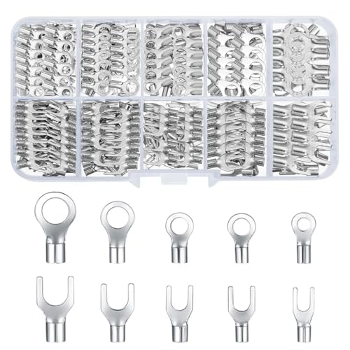 320 Pieces Non-Insulated Ring Terminals & Fork Connector Kit, Copper Ring Fork U-Type Female Terminals, Wire Lugs Battery Cable von OPQWAPECE