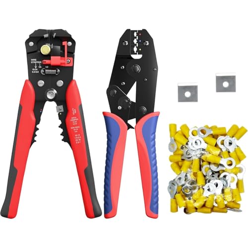 Abisolierzange Multitool – Crimpwerkzeug mit 50 isolierten Ringkabelschuhen | Konstruktion aus legiertem Stahl, ideal for die Verkabelung von Elektrokabeln von OPQWAPECE
