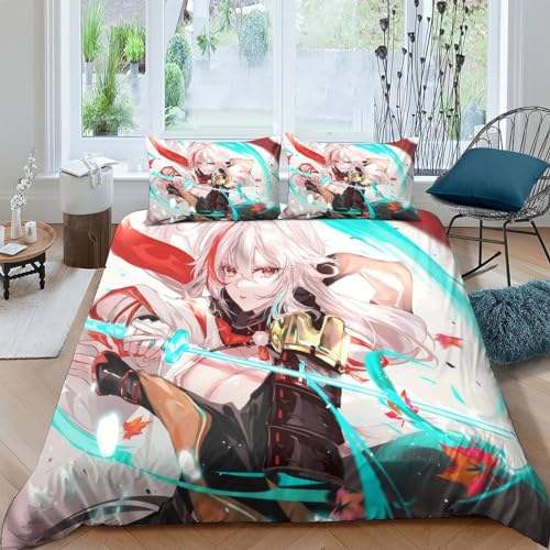 Genshin Impact 3-Piece Duvet Cover Set - 3D Printed Comforter Cover with Hidden Zipper Closure, Microfiber Zeichentrickfilm Bedding Set with Pillowcases for A Cozy Night's Sleep Double（200x200cm） von OPSREY