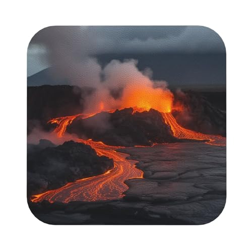 Kilauea Volcano Print Leder Untersetzer Set mit 4 Getränkeuntersetzern leicht zu reinigen Tassenmatte für Bar Küche Heimdekoration von OPSREY