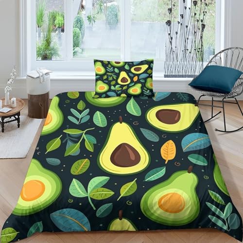 OPSREY Avocado Atmungsaktives Bettwäsche-Set Für 3-teilig Mit Obst 3D-gedrucktem Bettbezug Aus Mikrofaser Und Passenden Kissenbezügen Perfekt Für Empfindliche Schläfer Single（135x200cm） von OPSREY