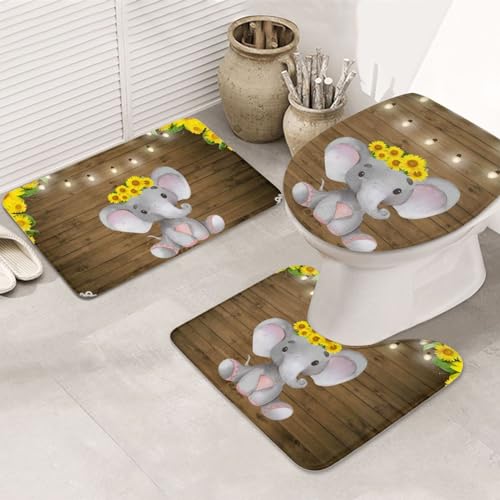 OPSREY Badematte, Motiv: Sonnenblumen-Elefant, Holzboden, bedruckt, weich, rutschfest, 3er-Set – Silhouettenmatte + WC-Bezug + Badematte von OPSREY
