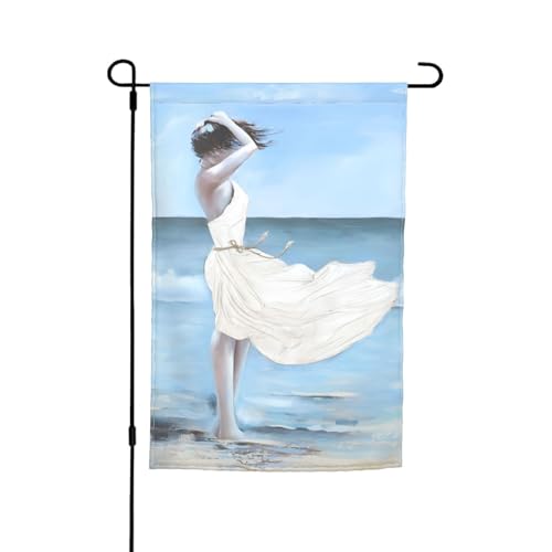 OPSREY Bedruckte doppelseitige Gartenflagge "Girl On A Windy Beach", Dekoration für den Hof von OPSREY