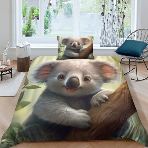 OPSREY Cute Animal Microfaser Bettbezug Luxuriös Baumwolle Koala Bedding Set Mit Reißverschluss, Steppdeckenbezug Weichs Bettwäsche Set Für Erwachsene Und Kinder Single（135x200cm） von OPSREY