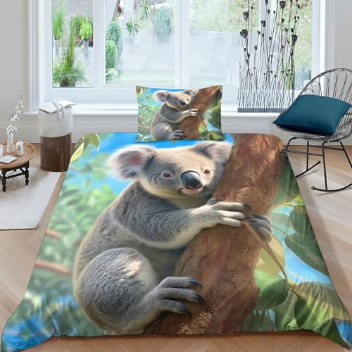 OPSREY Cute Animal Microfaser Bettbezug Luxuriös Baumwolle Koala Bedding Set Mit Reißverschluss, Steppdeckenbezug Weichs Bettwäsche Set Für Erwachsene Und Kinder Single（135x200cm） von OPSREY