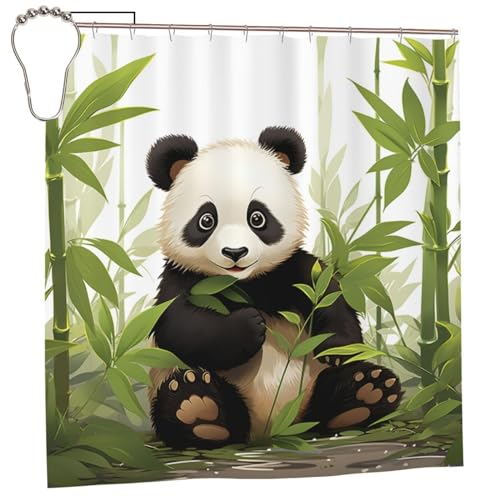 OPSREY Duschvorhang, Motiv: süßer Panda mit Bambus-Druck, wasserdicht, waschbar, für Zuhause, Badezimmer, Dekoration, mit 12 Haken, 183 x 183 cm von OPSREY