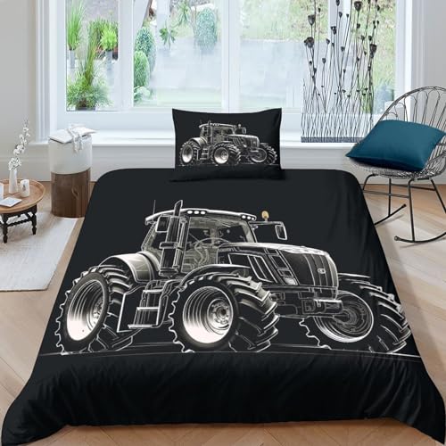 OPSREY Farming Machine Bettbezug Baumwolle Traktor Steppdeckenbezug Reißverschluss Bed Linen Set Luxuriös Bettdeckenbezug Zip-Verschluss Bettwäsche Set Mit Kopfkissenbezügen Single（135x200cm） von OPSREY