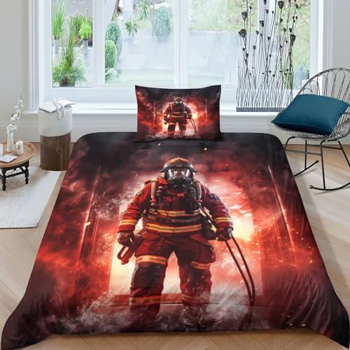 OPSREY Feuerwehrmann Für Kinder Mädchen Jungen Bettwäschegarnitur Bettbezug Set 3D Gedruckter Heroes Reissverschluss Und Kissenbezüge Bettwäsche Weich Microfaser 3 Teilig Single（135x200cm） von OPSREY