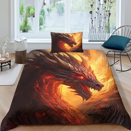 OPSREY Fiery Drache Bed Linen Sets Microfaser Pterodaktylus Bettdeckenbezug Reißverschluss Bettbezug Weichs Bettwäsche Set Wärme Quilt Cover Set Für Erwachsene Und Kinder Single（135x200cm） von OPSREY