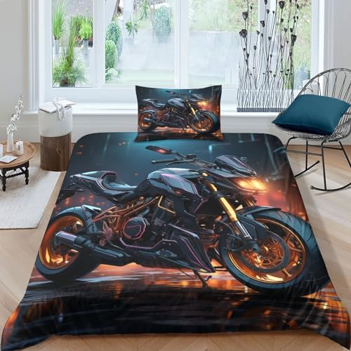 OPSREY Flame Motorbike Bed Linen Sets Mikrofaser Steppdeckenbezug Reißverschluss Motorräder Bettdeckenbezug Weichs Bettwäsche Set Verstecktes Scharnier Bettbezug Single（135x200cm） von OPSREY