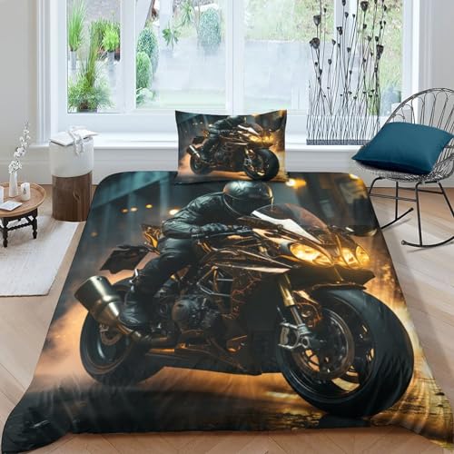 OPSREY Flame Motorbike Bedding Sets Luxuriös Quilt Cover Set Kissenbezug Motorräder Bettbezug Microfaser Bettwäsche Set Wärme Steppdeckenbezug Für Jungen Und Mädchen Single（135x200cm） von OPSREY
