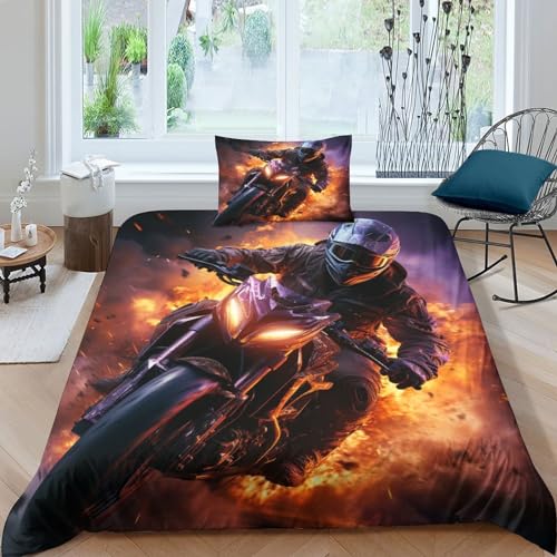 OPSREY Flame Motorbike Bettwäsche Mit Kissenbezügen Microfaser Motorräder Bettbezug Und Kissenbezug Baumwolle Steppdeckenbezug Set Mit Reißverschluss Bettdeckenbezug Single（135x200cm） von OPSREY