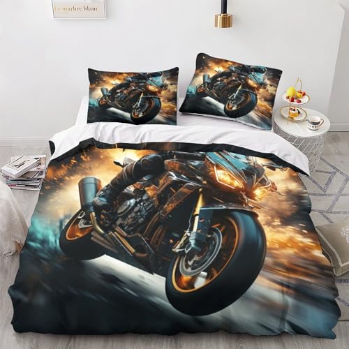 OPSREY Flame Motorbike Bettwäsche Verschiedene Größen Motorräder Bettdeckenbezug Schlafhilfe Bettbezug Komfortabel Steppdeckenbezug Set Reißverschluss Bed Linen Sets Double（200x200cm） von OPSREY