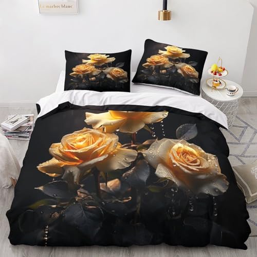 OPSREY Golden Rose Bettwäsche Sets Verschiedene Größen Blooming Flowers Bettdeckenbezug Wärme Zum Schlafen Bedding Sets Atmungsaktiv Bettbezug Satin Steppdeckenbezug King（220x240cm） von OPSREY