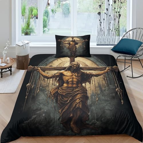 OPSREY Jesus 3-teiliges Bettwäscheset Aus Mikrofaser Mit Kruzifix 3D-Print Für EIN Modernes Und Stilvolles Schlafzimmer Versteckter Reißverschluss Und Pillowcases Inklusive Single（135x200cm） von OPSREY