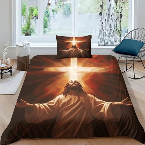 OPSREY Jesus Für Kinder Mädchen Jungen Bettwäschegarnitur Bettbezug Set 3D Gedruckter Kruzifix Reissverschluss Und Kissenbezüge Bettwäsche Weich Microfaser 3 Teilig Single（135x200cm） von OPSREY