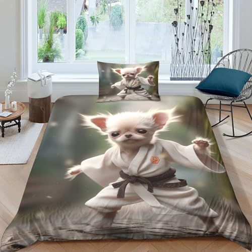 OPSREY Kung Fu Dog Bettwäsche Set Komfortabel Dog Quilt Cover Set Weichs Bettdeckenbezug Reißverschluss Bed Linen Sets Farbig Bettbezug Für Jungen Und Mädchen Single（135x200cm） von OPSREY